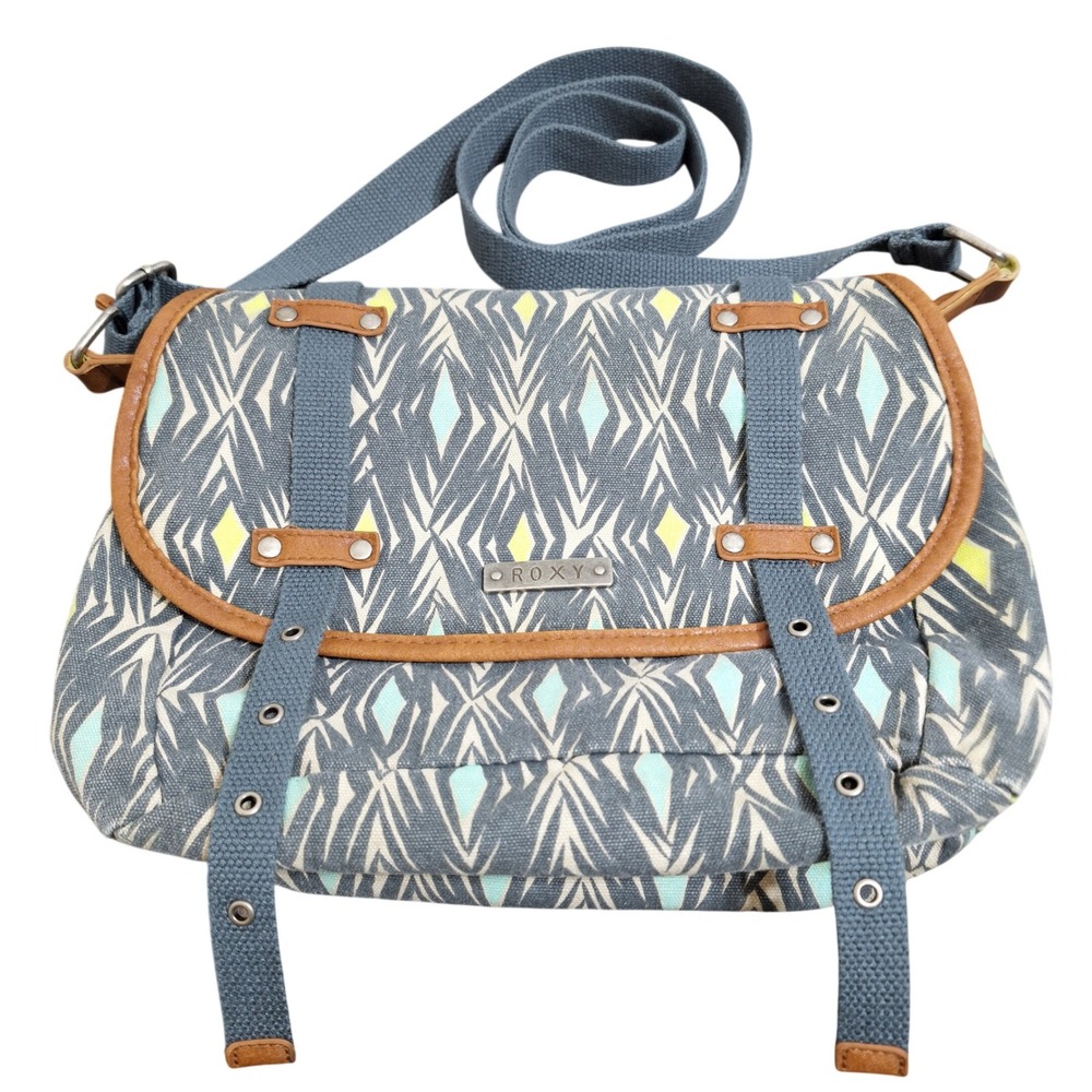 Roxy Women Geometric Tribal Canvas Crossbody Messenger Bag Grey Teal‎ 452P26